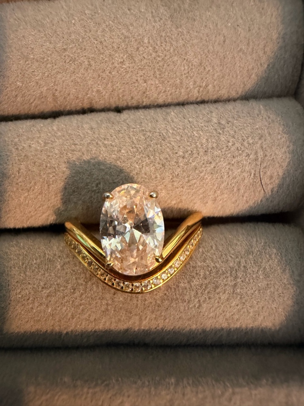 Gold Oval Solitaire Ring Set with Pavé Chevron Band - Clear Stone